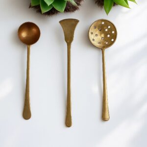 Handmade Traditional Pure Brass Cooking and Serving Spoon Ladle I Pital Golchi I Jhara I Spatula I Set of 3 pcs I Golden