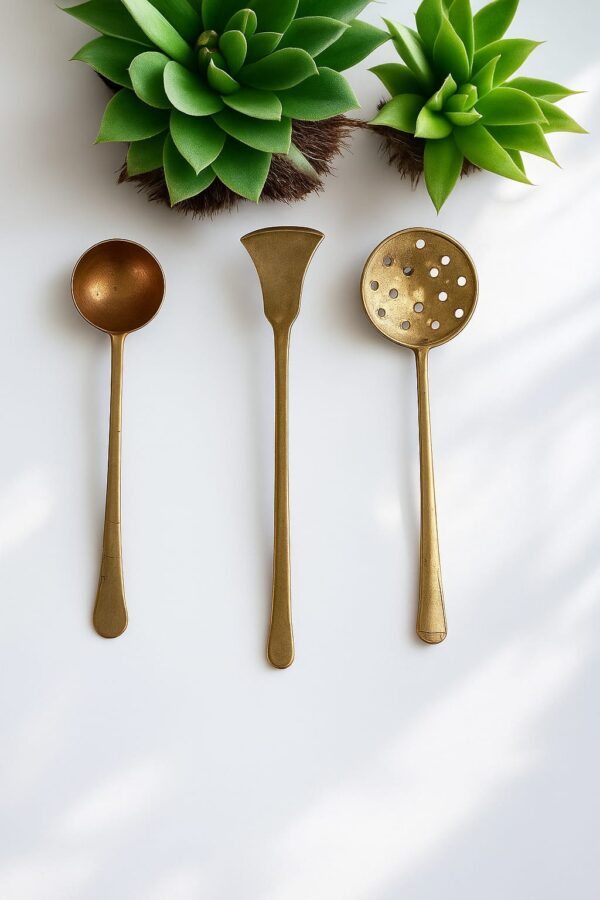 Handmade Traditional Pure Brass Cooking and Serving Spoon Ladle I Pital Golchi I Jhara I Spatula I Set of 3 pcs I Golden