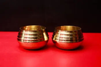 Handcrafted Brass Rice Measuring Cup | Traditional Kalash / Water Pot for Pooja & Ritual Use | Set of 2 pcs | Gold