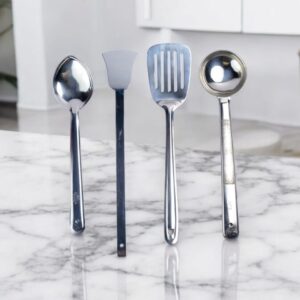 Stainless Steel Cooking Spoon Set – Pack of 4 | Ladle, Skimmer, Spatula & Serving Spoon | Heavy-Duty Kitchen Tools