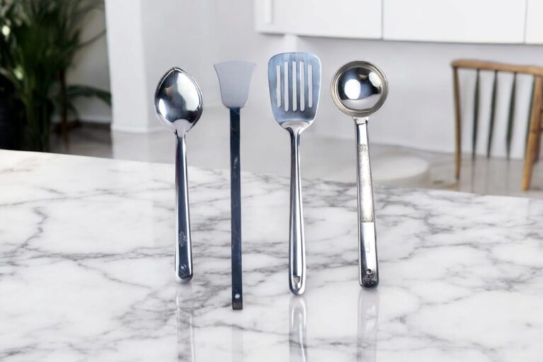 Stainless Steel Cooking Spoon Set – Pack of 4 | Ladle, Skimmer, Spatula & Serving Spoon | Heavy-Duty Kitchen Tools