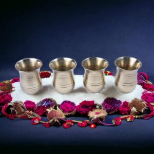 Brass Puja Glass Set – Pack of 4 | Pure Brass Tumblers for Panchamrit, Ganga Jal & Ritual Use