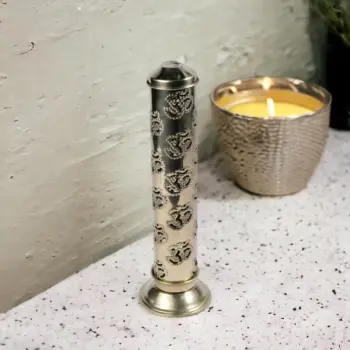 DINODINK Pure Brass Om 35 Design Agarbatti| Incense Stick Stand|Holder with Dust and Burn Safety Ash Catcher (Gold, Height: 10 Inch)