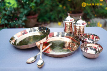 Pure Traditional Kansa Dinner Set (8 Pieces) | Includes 2 Plates, 2 Bowls, 2 Glasses with Lid & 2 Spoons | Handmade Ayurvedic Bronze Thali Set